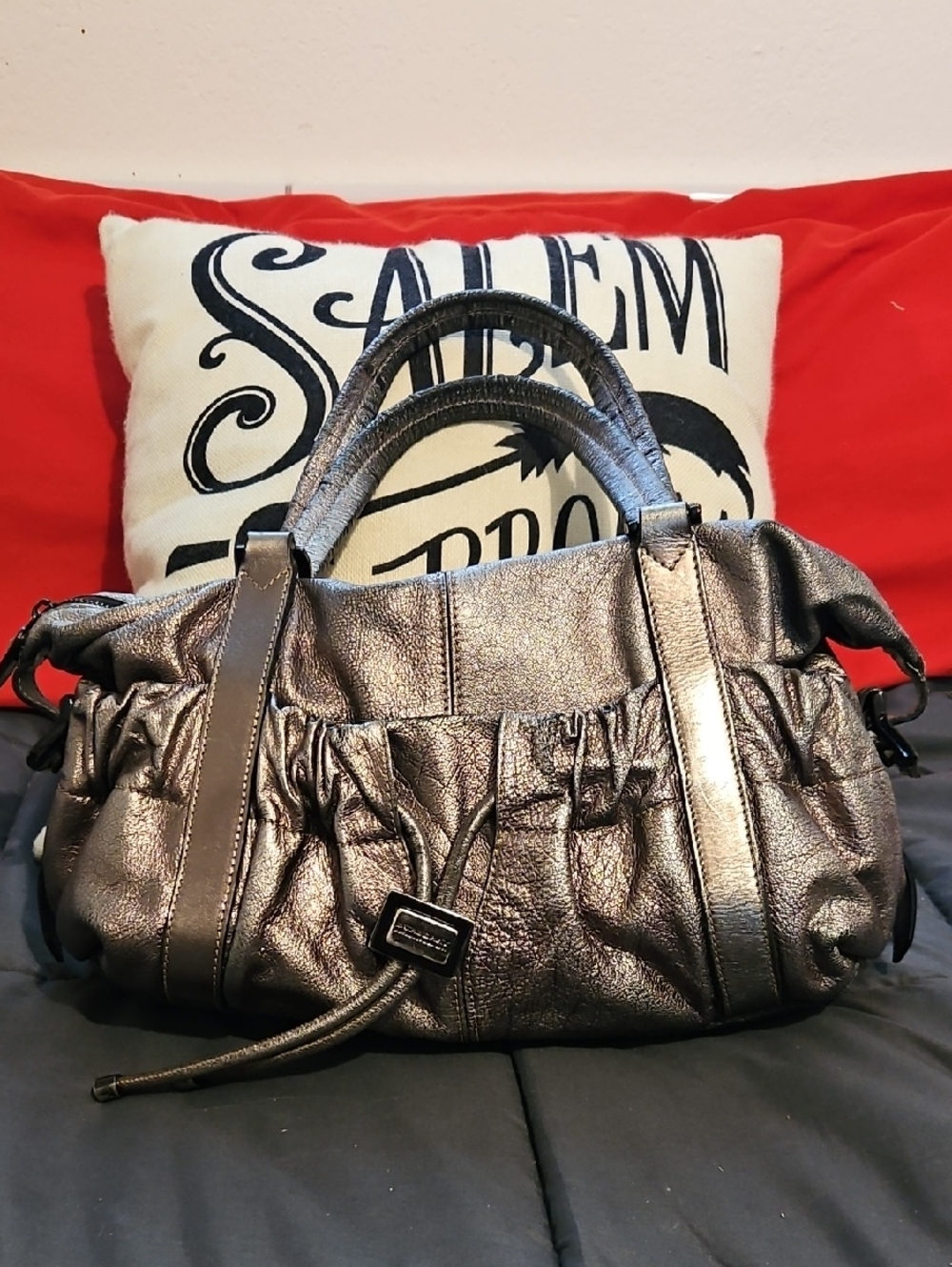 Authentic Burberry Metallic Pewter Gathered‎ Leather Satchel - Women Bags